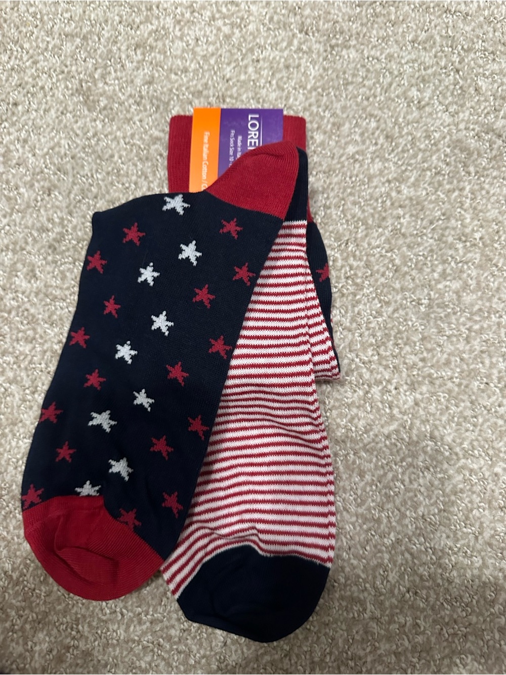 NWT Lorenzo Uomo Italian Cotton Socks Men’s 10-13 USA Stars Stripes Notdstrom